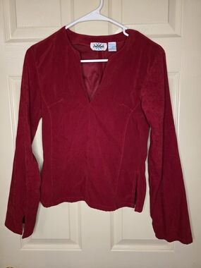 Delilah Red Faux Suede V-Neck Top Medium Flared Bell Sleeve Retro 90s Aesthetic